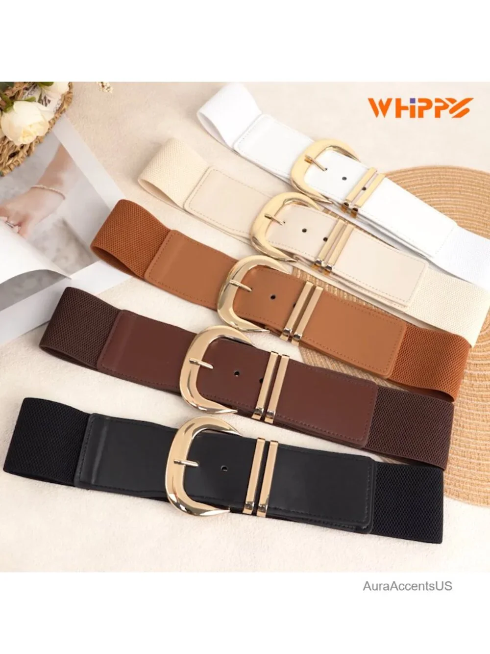 Wide Elastic Belt for Dresses with Gold Buckle Stretchy PU Leather Waistband